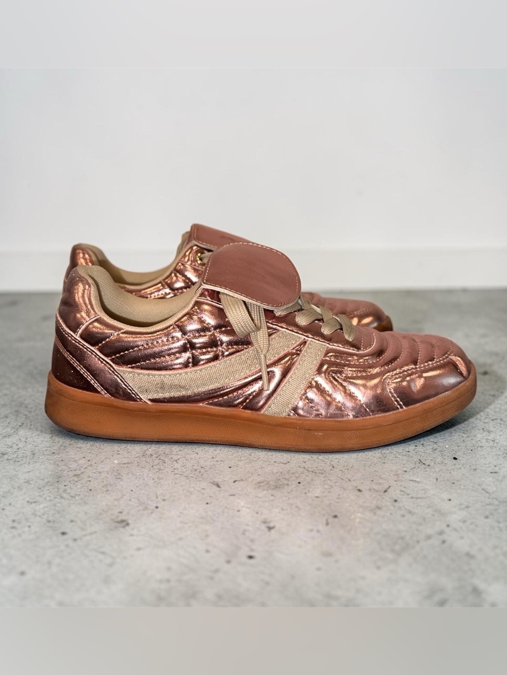 Steve Madden Metallic Rose Gold Sneakers with Tan Accents